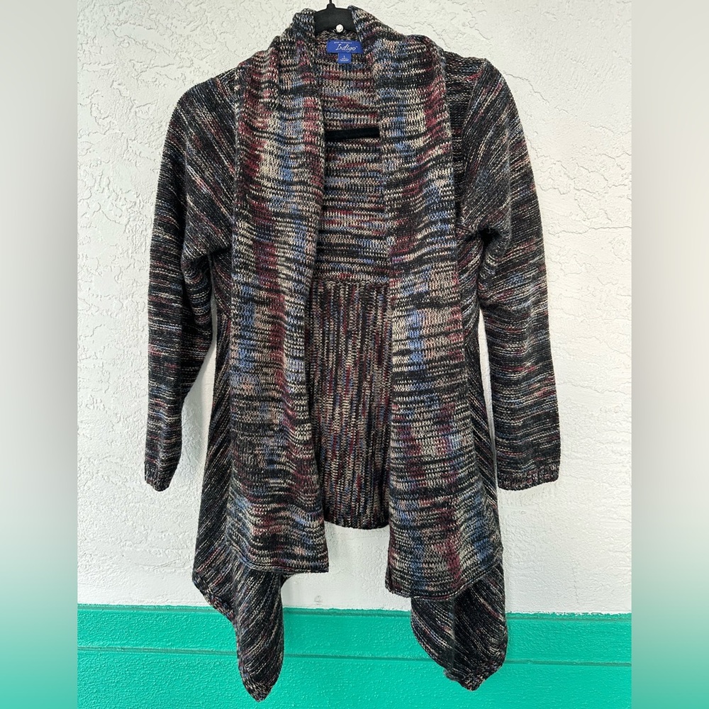 Indigo Multicolor Open-Front Knit Cardigan - Black, Blue, Red